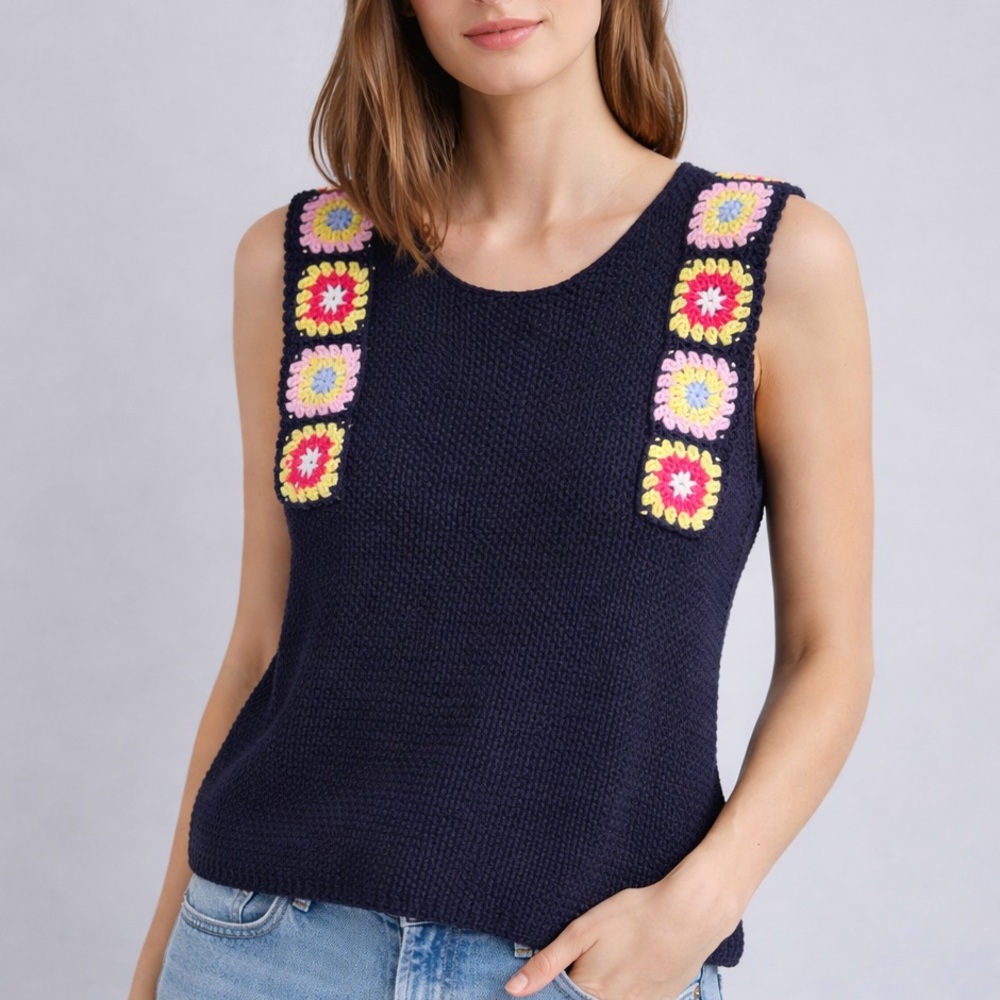🆕Rain+Rose Navy Crochet Granny Square Sweater Top SizeM Boho Cottagecore Cotton